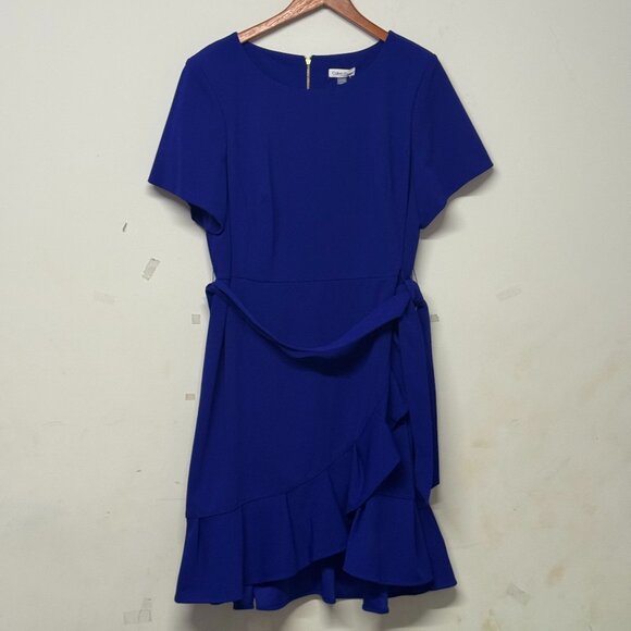 Calvin Klein Dresses & Skirts - NEW Calvin Klein Dress Size 22W Blue Ruffle Detail Tie Waist Short Sleeve